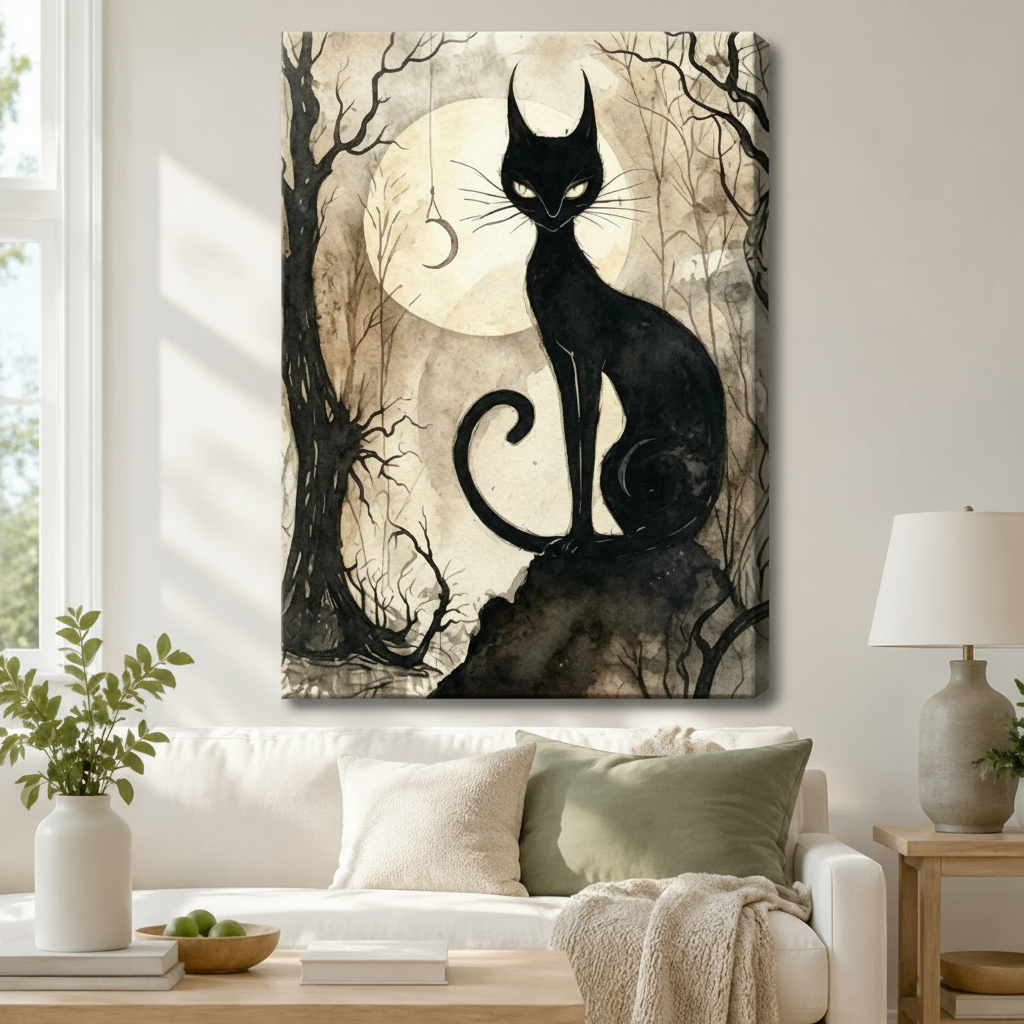 Stretched canvas gothic black cat full moon forest wall art featuring a slender elegant black cat with glowing eyes sitting on a mossy rock before a luminous full moon with bare gnarled branches and a dangling crescent moon charm on a vintage sepia ink-wash background, hung above a white sofa with sage green pillows in a bright living room