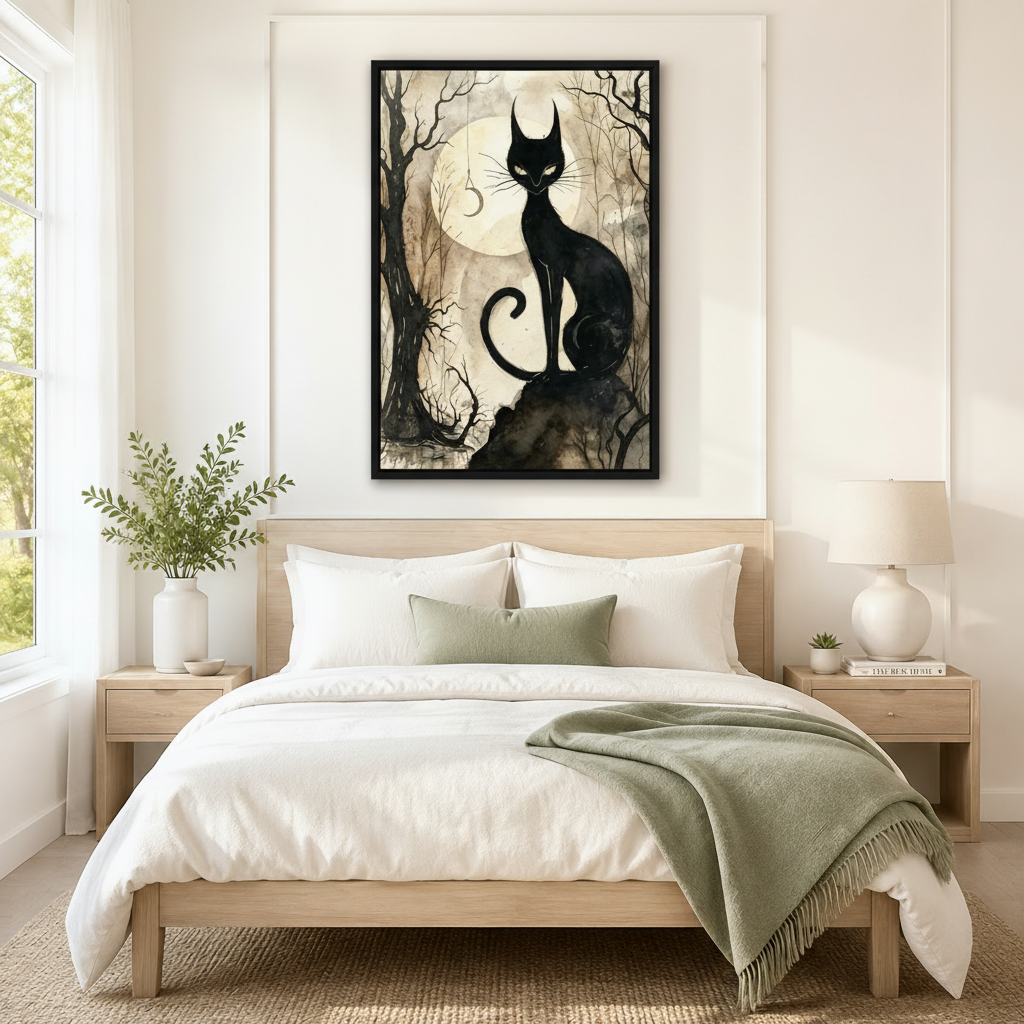 Black framed gothic black cat full moon forest canvas art with a mysterious slender black cat with glowing eyes perched on a dark mossy rock before a luminous full moon framed by bare gnarled trees and a hanging crescent moon charm on a moody sepia ink-wash background, hung above a light wood bed with white linen bedding and a sage green throw in a serene Scandinavian bedroom