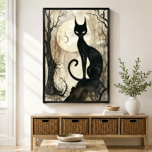 Black framed gothic black cat full moon forest canvas art with a sleek mysterious black cat with piercing eyes perched on a dark rock beneath a glowing full moon surrounded by bare twisted trees and a hanging crescent charm on a moody sepia watercolor background, displayed above a rattan storage console in a bright entryway