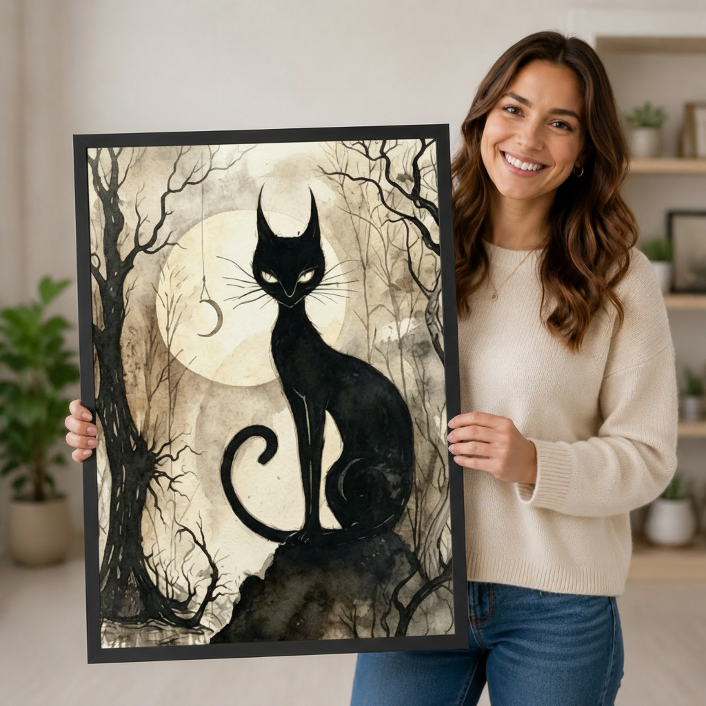 Smiling woman in a cream sweater holding a large black framed gothic black cat full moon forest canvas art print with a sleek black cat with piercing eyes on a dark rock beneath a glowing full moon with bare twisted branches and a crescent charm on a vintage sepia watercolor background