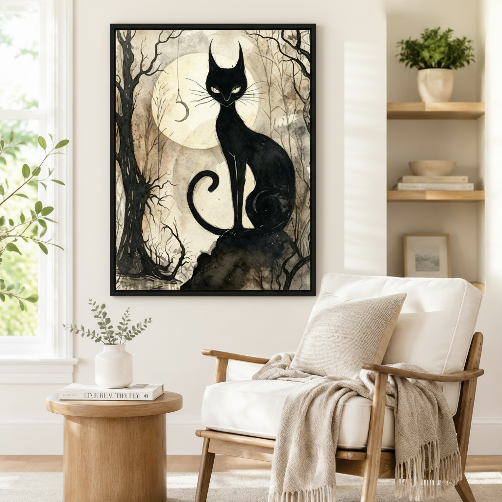 Black framed gothic black cat full moon forest canvas art showing a graceful black cat with intense glowing eyes seated on a dark rock beneath a large luminous moon with twisted bare trees and a hanging crescent pendant on a moody sepia and charcoal watercolor background, displayed beside a white linen armchair in a cozy reading nook
