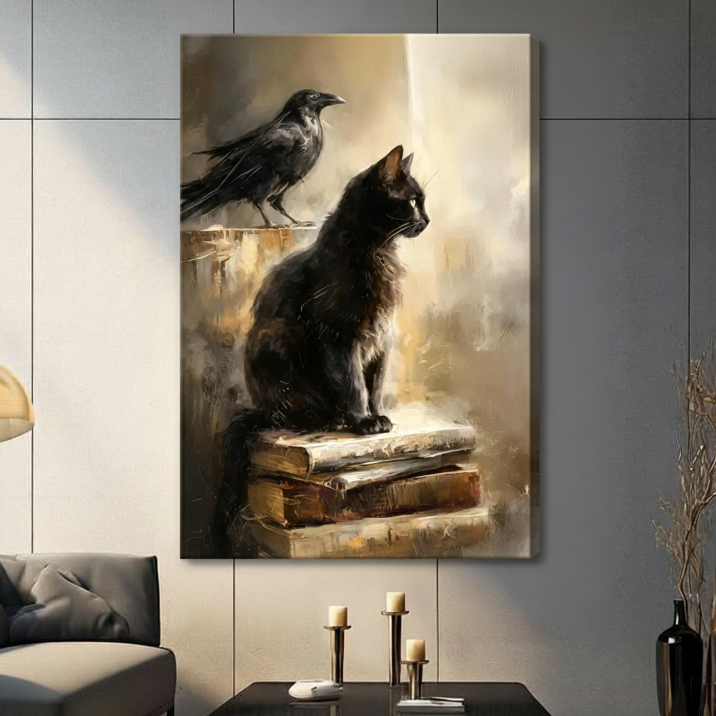 Moody gothic oil painting of a fluffy black cat perched atop a pile of aged leather-bound books with a dark raven watching from a weathered stone ledge surrounded by swirling golden brown smoky haze dark academia aesthetic stretched canvas wall art print hanging in a contemporary living room with dark gray tiled wall