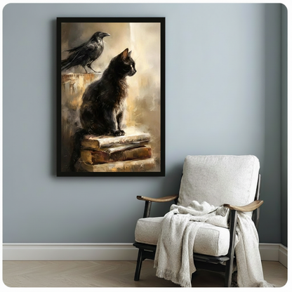 Atmospheric dark gothic oil painting of a black cat seated on a stack of old worn books locking eyes with a black crow perched on a crumbling ruin against a dramatic golden amber misty background with expressive painterly brushstrokes framed art poster displayed beside a white fabric lounge chair with draped throw blanket against a soft blue-gray wa