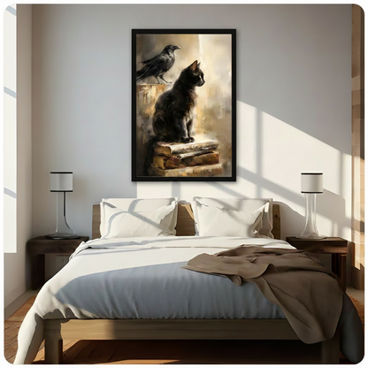 Haunting dark gothic oil painting of a black cat resting on a pile of old leather-bound books with a black raven perched above on a stone ledge both gazing into the distance against a warm golden amber smoky mystical background dark academia wall decor framed wall art print hanging above a modern bedroom bed with white linen bedding, dark wood nightstands, and minimalist white table lamps