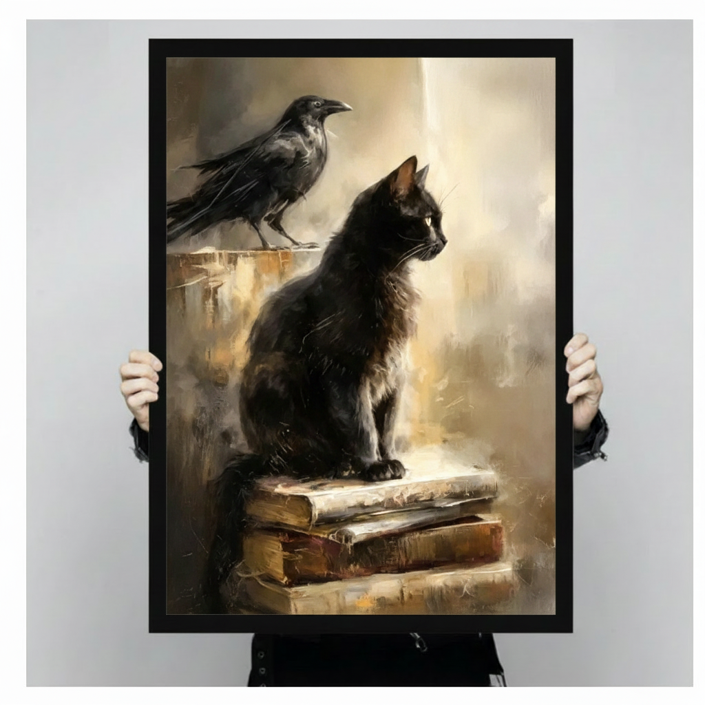 Dramatic dark academia gothic oil painting of a black cat and black raven facing each other on a stack of antique leather books with cobwebs and golden smoky ethereal light in the background bold expressive brushwork black and gold color palette framed wall art print held up for size reference against a light gray neutral background