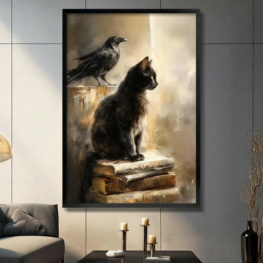 Dark academia gothic oil painting of a sleek black cat sitting upright on a stack of worn antique leather books with a black raven perched on a crumbling ledge above gazing at each other in a mysterious golden amber smoky atmosphere framed wall art print displayed in a living room with dark gray sofa, pillar candle holders, and black decorative vase