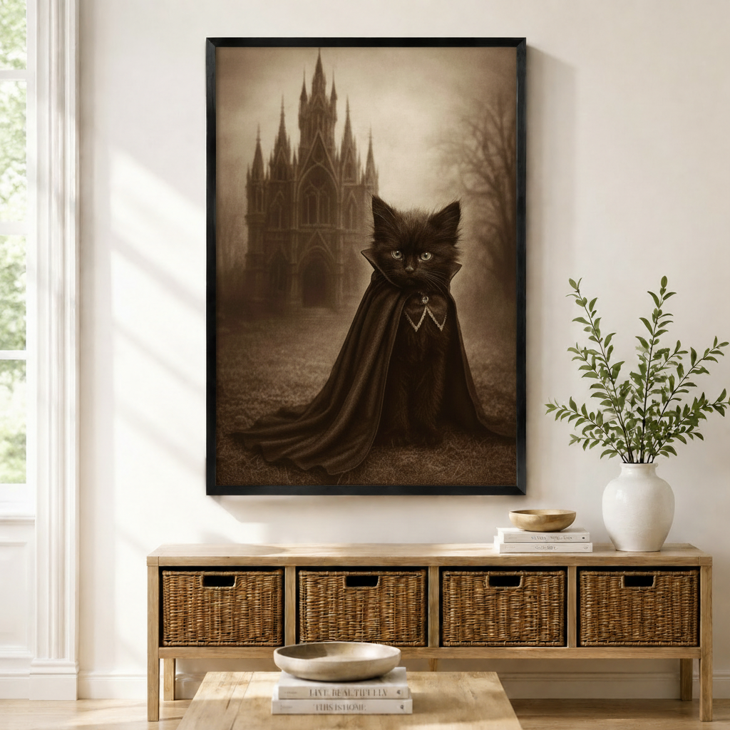 Gothic black cat in vampire cape with dark castle framed canvas print above entryway console — moody sepia wall art