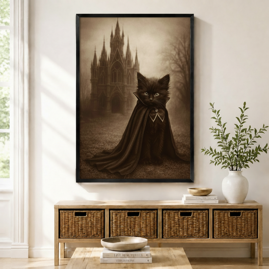 Gothic black cat in vampire cape with dark castle framed canvas print above entryway console — moody sepia wall art