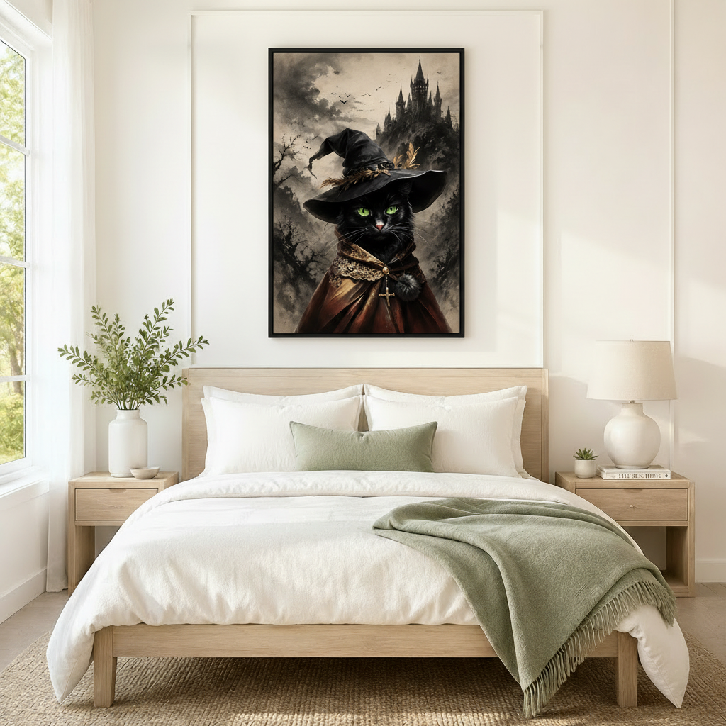 Gothic black cat witch hat framed canvas art above a neutral linen bed, adding dark fantasy accent to a minimalist Scandinavian bedroom