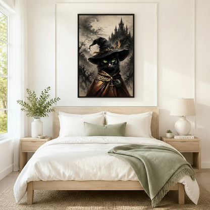 Gothic black cat witch hat framed canvas art above a neutral linen bed, adding dark fantasy accent to a minimalist Scandinavian bedroom