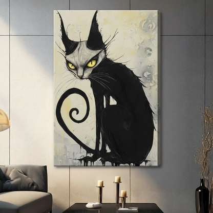 Gothic ink illustration of a black cat with glowing yellow eyes and a spiral tail stretched canvas dark panel wall living room