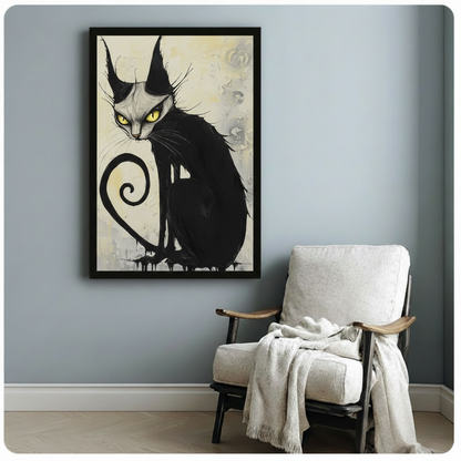 Gothic ink illustration of a black cat with glowing yellow eyes and a spiral tail framed print beside armchair blue-gray wall