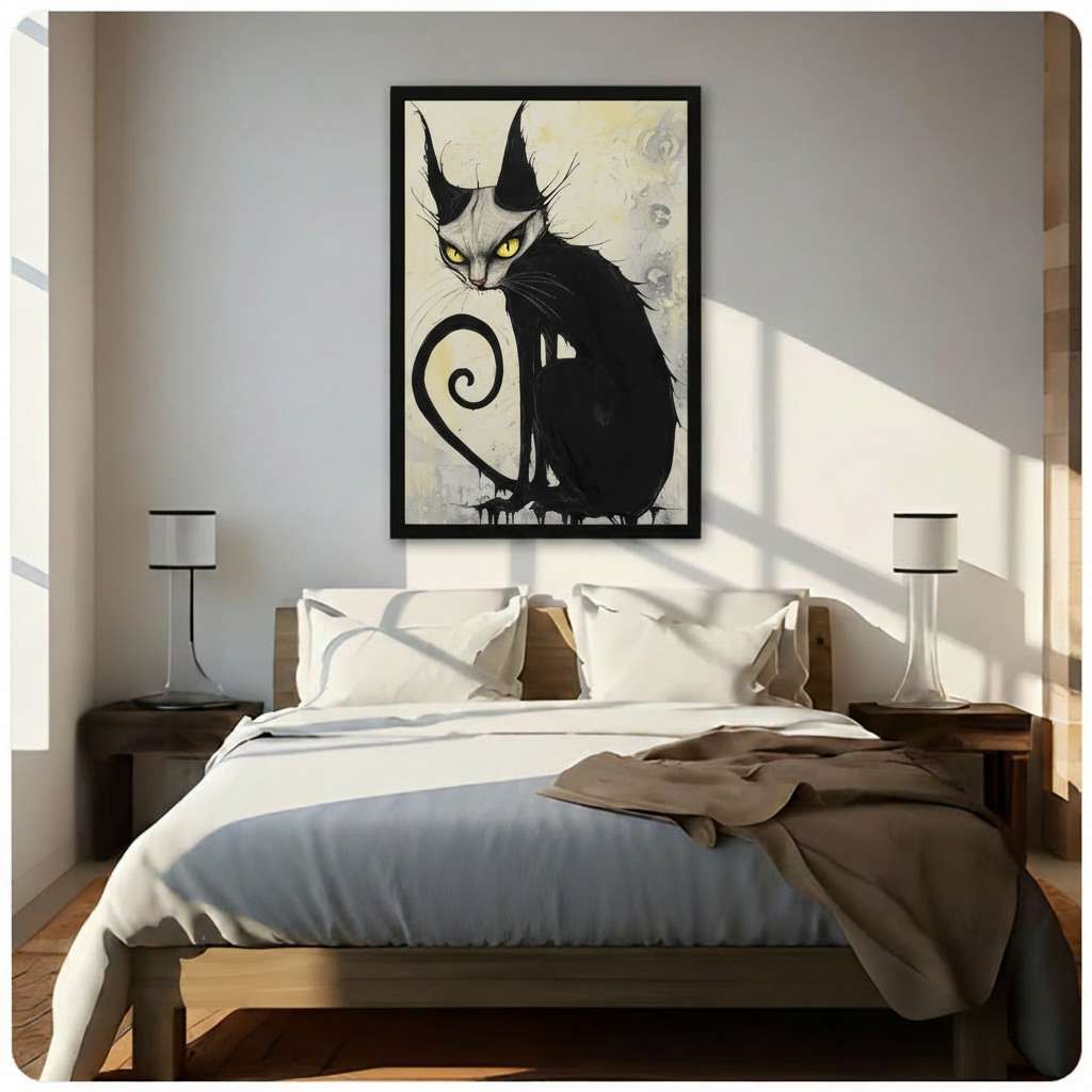 Gothic ink illustration of a black cat with glowing yellow eyes and a spiral tail framed print above bed sunlit bedroom