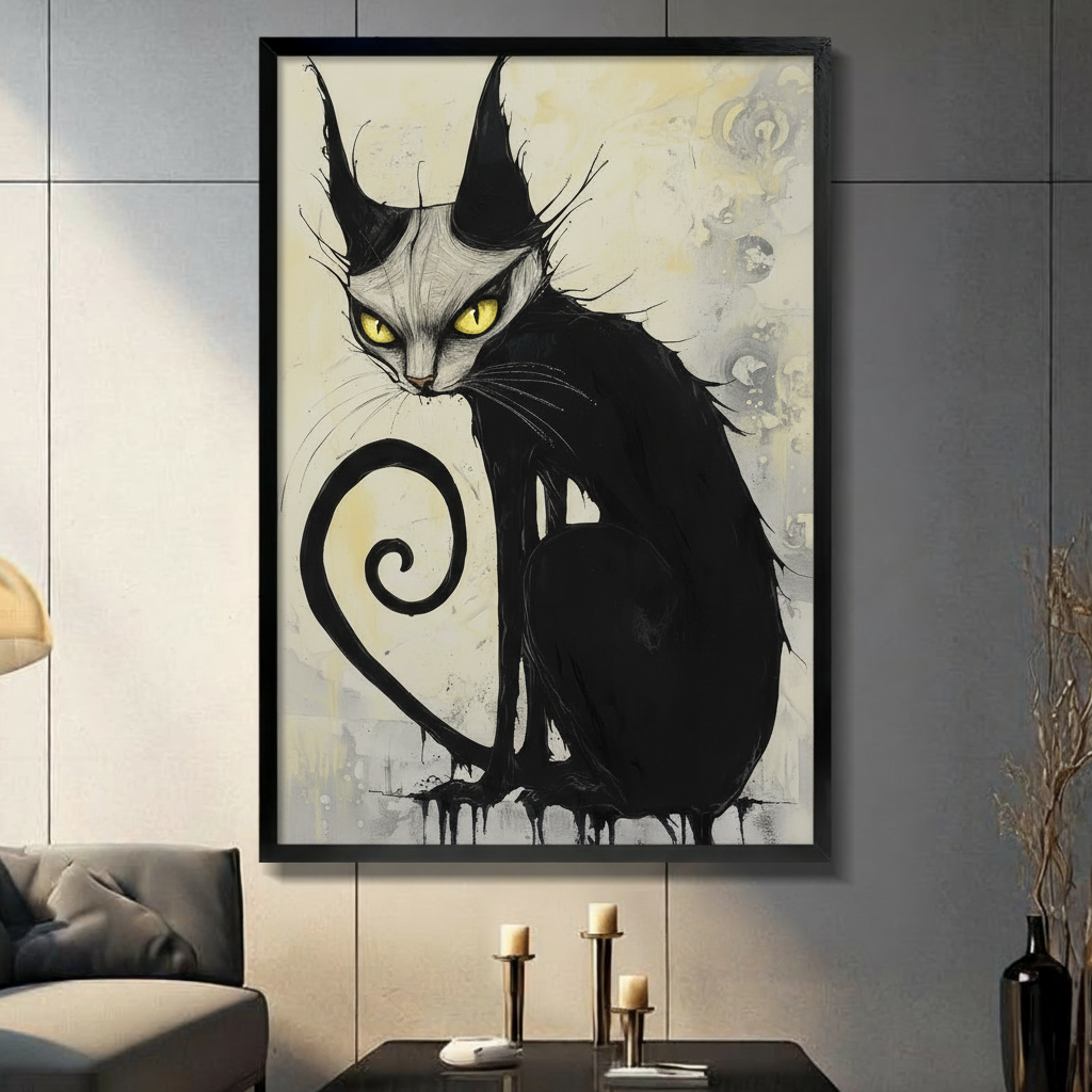 Gothic ink illustration of a black cat with glowing yellow eyes and a spiral tail framed print dark panel wall living room
