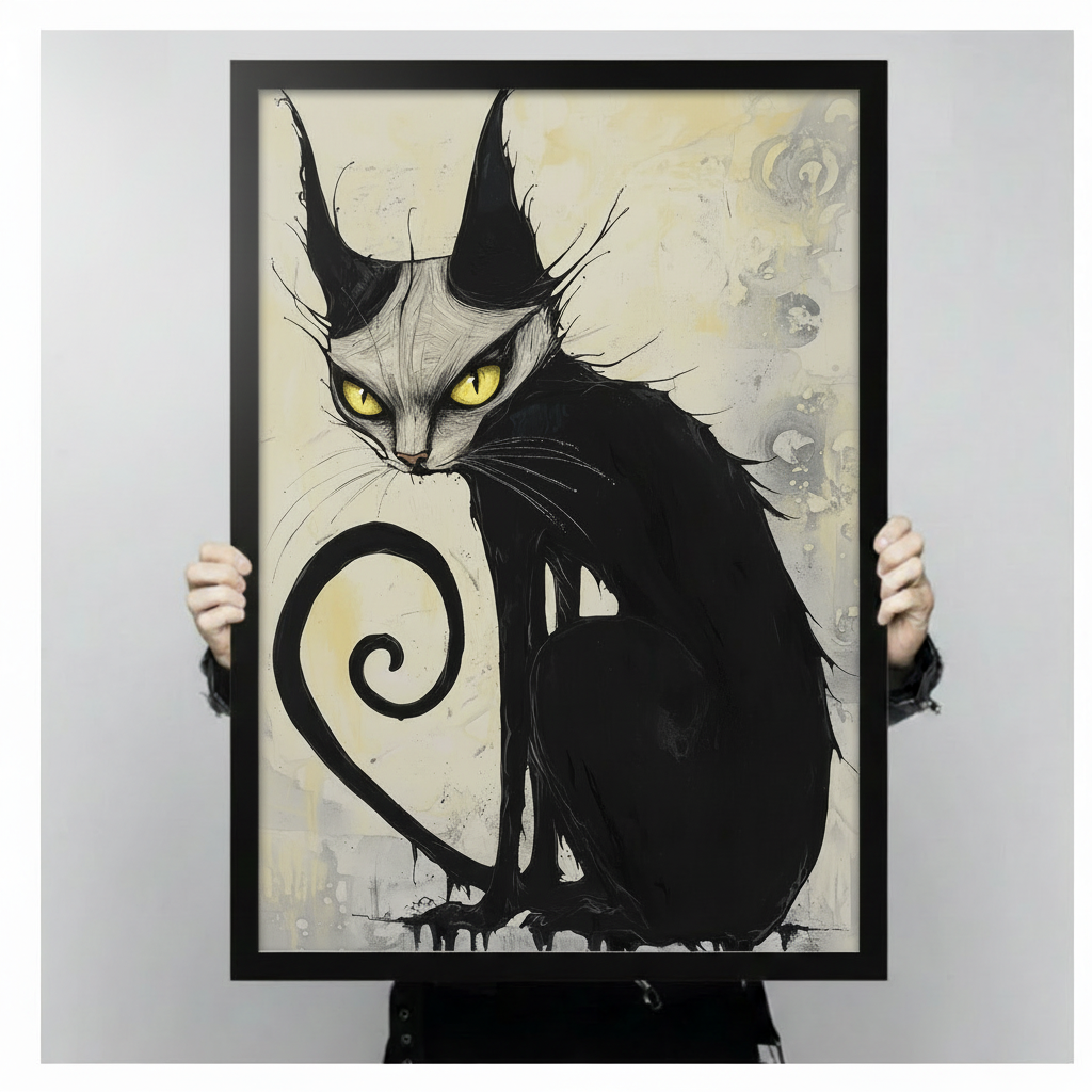 Gothic ink illustration of a black cat with glowing yellow eyes and a spiral tail framed print held up