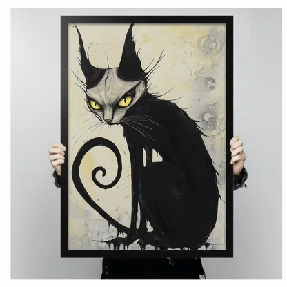 Gothic ink illustration of a black cat with glowing yellow eyes and a spiral tail framed print held up