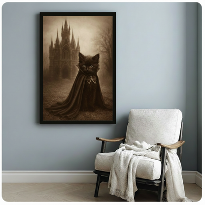 Black framed gothic portrait of a black cat in a flowing dark cloak with haunted castle background, styled on a blue-grey wall beside a linen armchair in a cozy reading nook