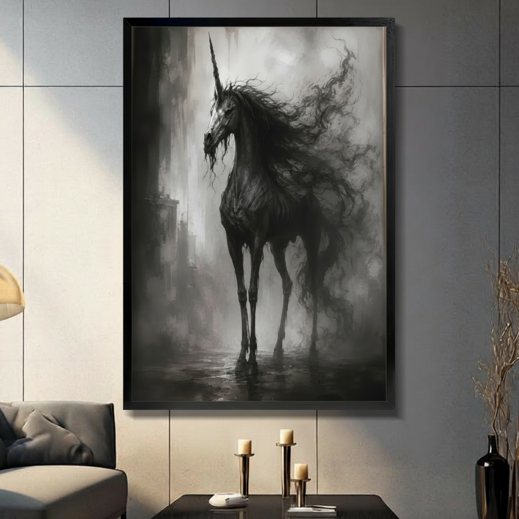 Gothic dark black unicorn standing in misty fog framed wall art in modern living room, dramatic fantasy horse with flowing mane oil painting style, black frame on gray wall