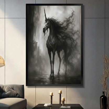 Gothic dark black unicorn standing in misty fog framed wall art in modern living room, dramatic fantasy horse with flowing mane oil painting style, black frame on gray wall