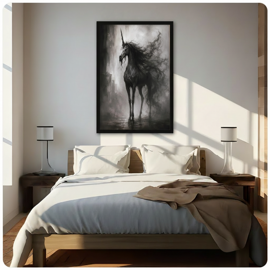 Dark gothic black unicorn in misty fog framed print hanging above bed in sunlit minimalist bedroom, dramatic fantasy horse oil painting style poster with black frame for bedroom wall decor