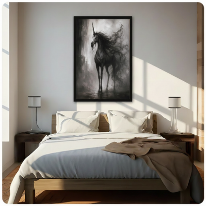 Dark gothic black unicorn in misty fog framed print hanging above bed in sunlit minimalist bedroom, dramatic fantasy horse oil painting style poster with black frame for bedroom wall decor