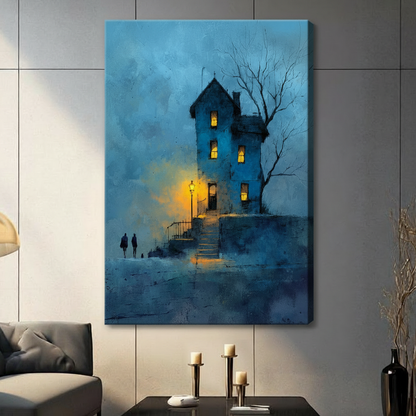 Gallery wrapped canvas art featuring dark gothic blue stone tower with warm golden lantern glow, leafless tree, and two mysterious figures in foggy atmospheric oil painting, hung on grey wall