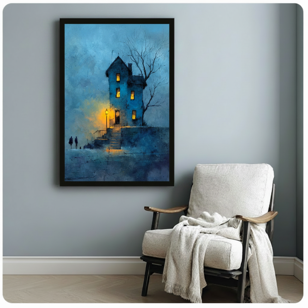 Black framed atmospheric gothic art print showing blue stone tower with golden lantern light, gnarled bare tree, and two figures in foggy night scene, styled beside white linen armchair on grey wall