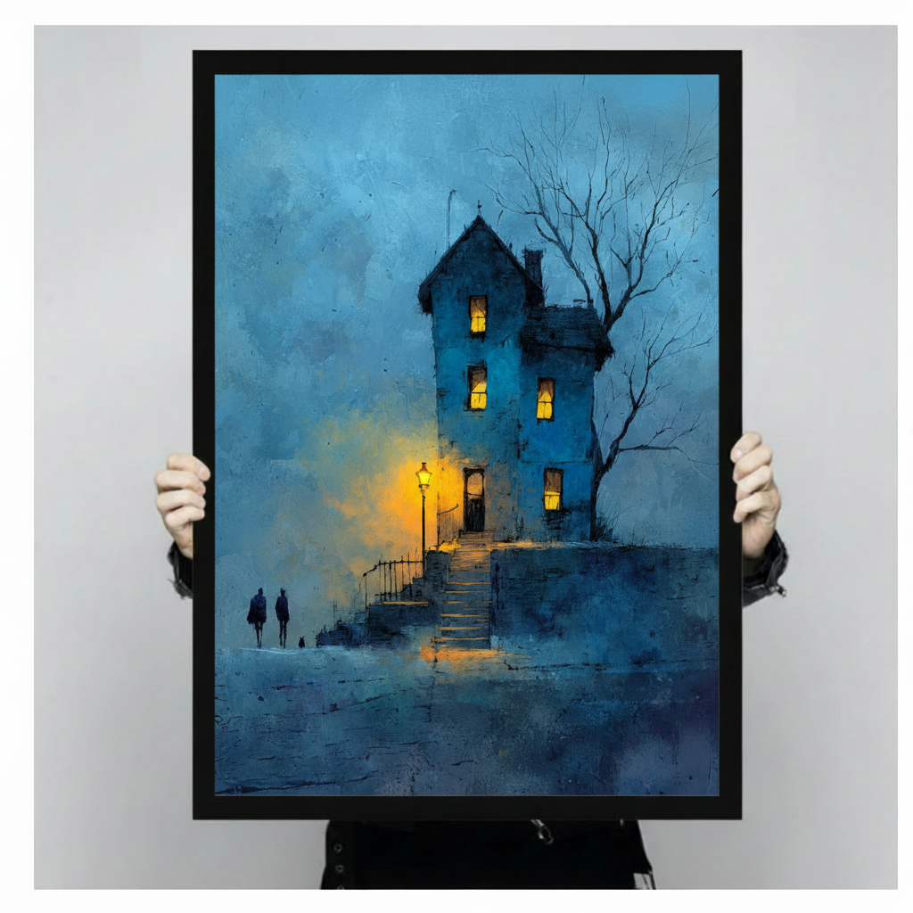 Hand-held black framed gothic poster print of mysterious blue tower house with warm glowing street lantern, bare tree silhouette, and two shadowy figures in moody blue oil painting style
