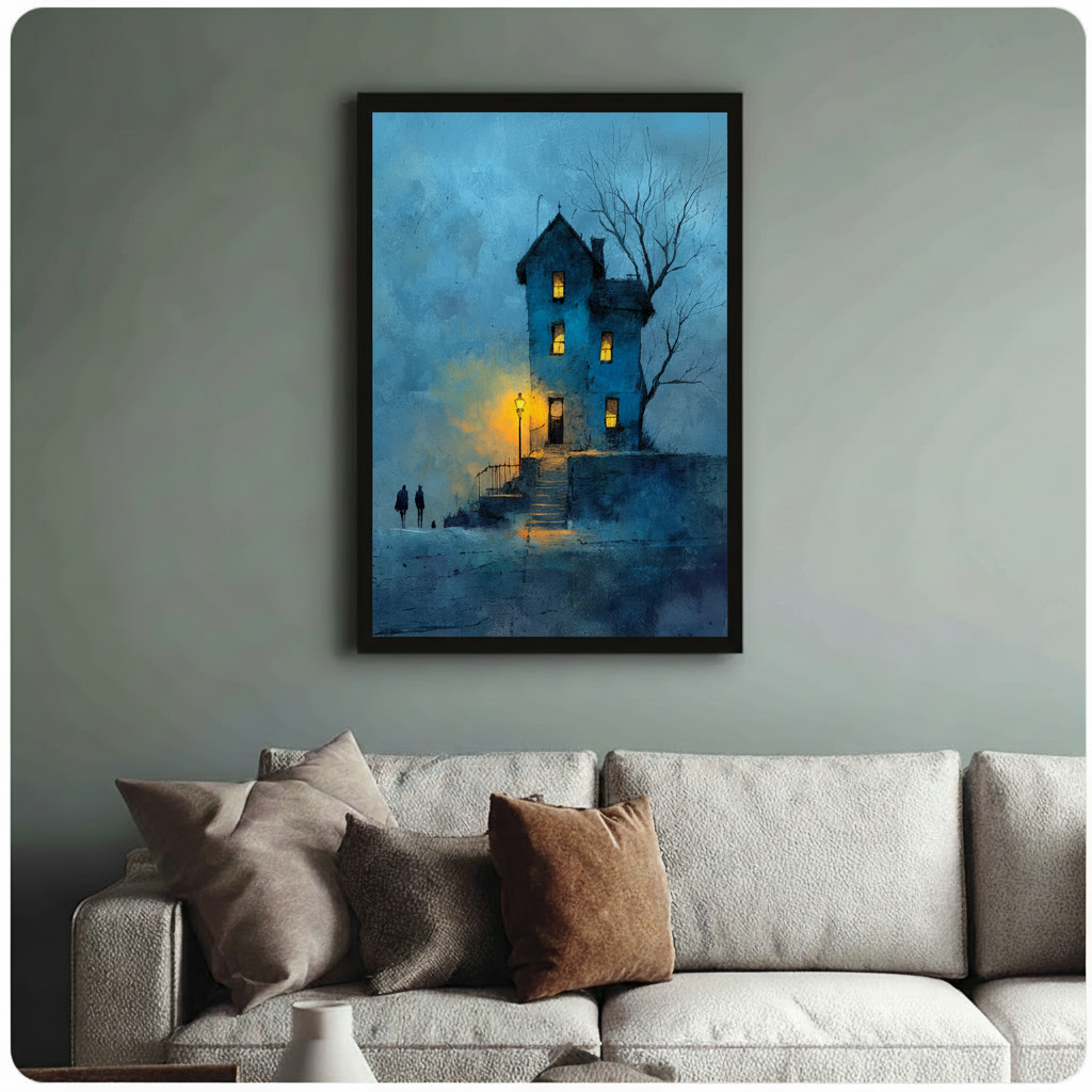 Framed gothic fantasy wall art print of blue misty tower house with glowing street lamp, bare winter tree, and silhouetted couple on stone steps, displayed above linen sofa in sage green living room