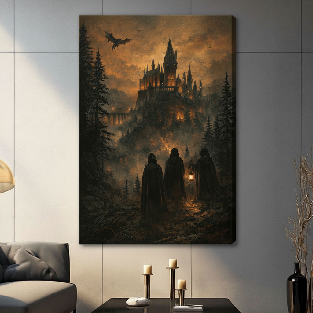 Frameless gothic castle canvas print displayed on living room wall, dark moody oil painting featuring cloaked figures approaching haunted castle
