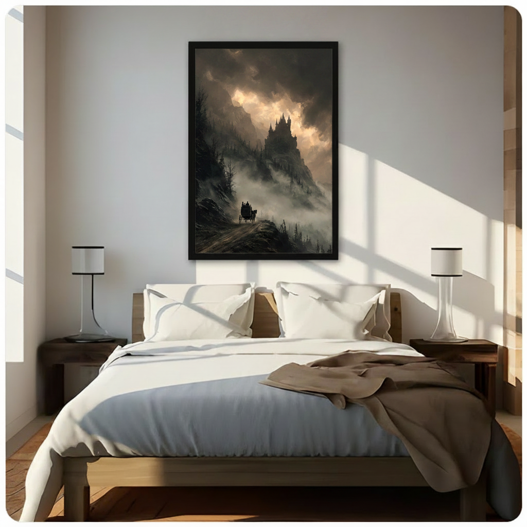 Gothic castle in misty mountain framed print hanging above bed in sunlit minimalist bedroom, dark fantasy horse carriage landscape poster with black frame for bedroom wall decor
