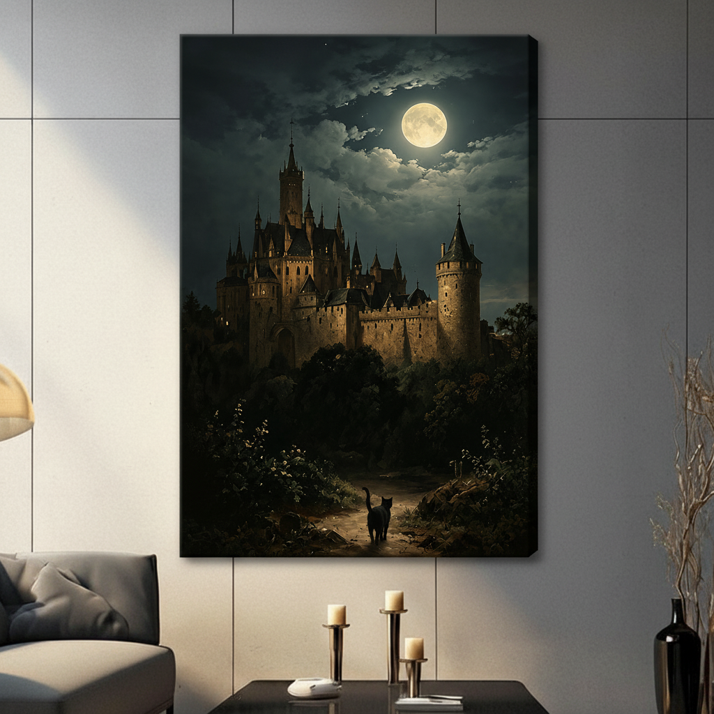Canvas print of a gothic castle under a full moon with a black cat silhouette, styled in a dark contemporary living room