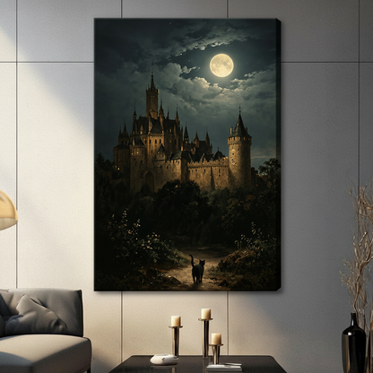 Canvas print of a gothic castle under a full moon with a black cat silhouette, styled in a dark contemporary living room