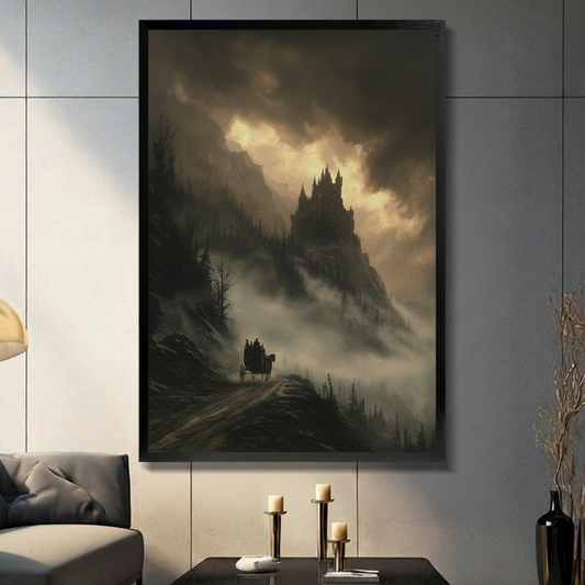 Gothic dark castle on misty mountain with horse carriage framed wall art in modern living room, moody oil painting style fantasy landscape, black frame on light gray wall