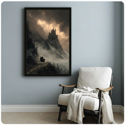 Moody gothic castle and misty pine forest framed poster beside cozy armchair, dark fantasy oil painting landscape with horse carriage silhouette, black frame wall art