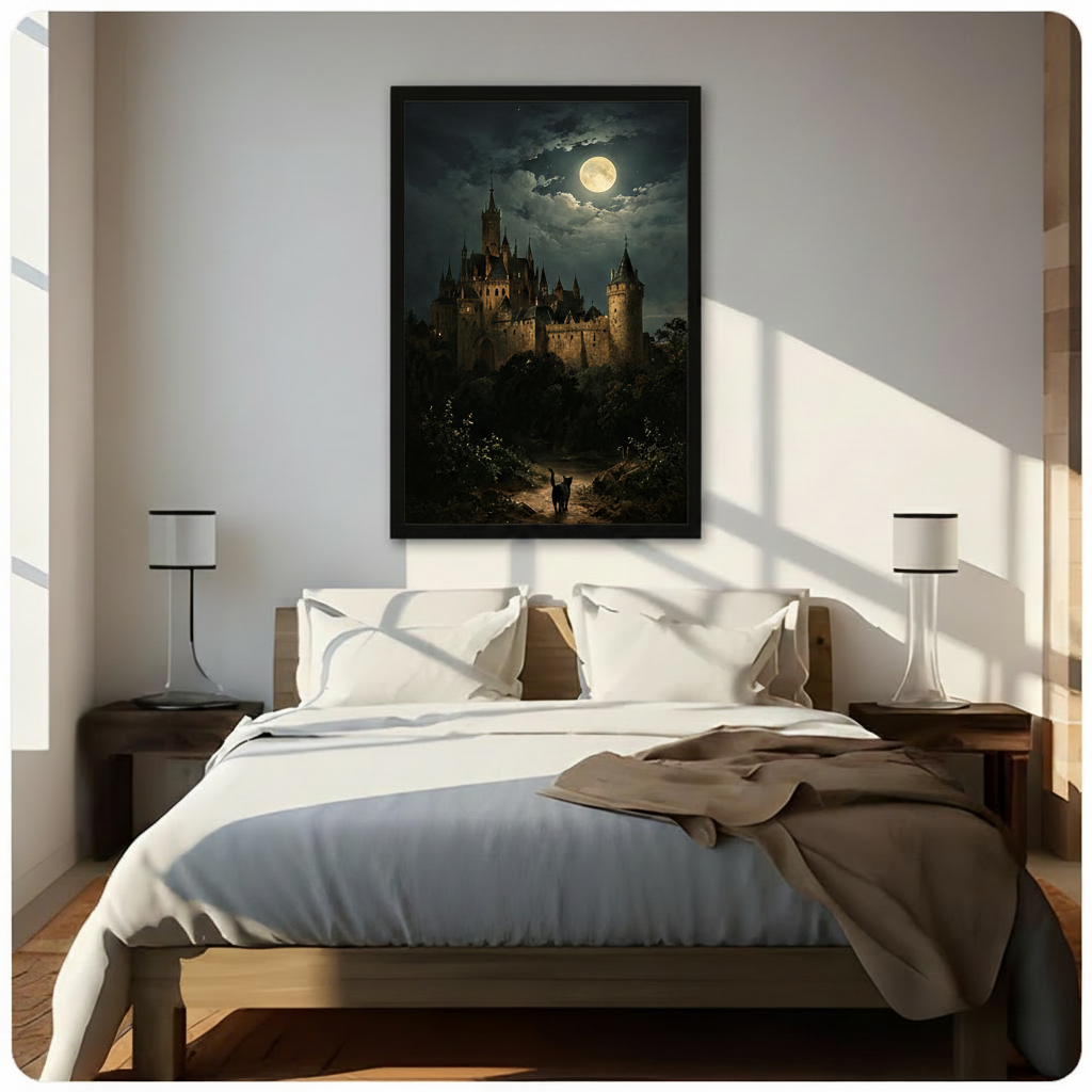 Framed gothic castle moonlight wall art with a black cat silhouette, displayed above a bed as premium bedroom wall decor