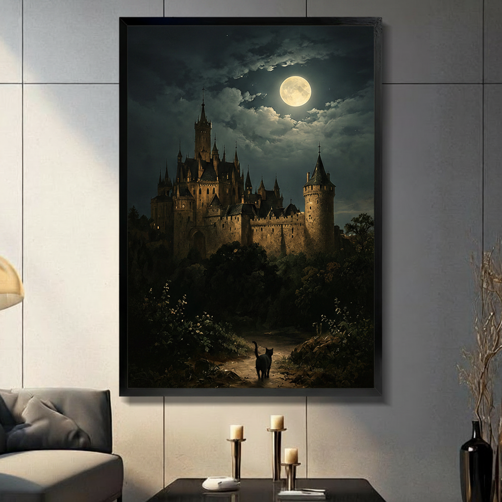 Framed gothic castle wall art featuring a black cat on a moonlit path, displayed in a moody living room setting