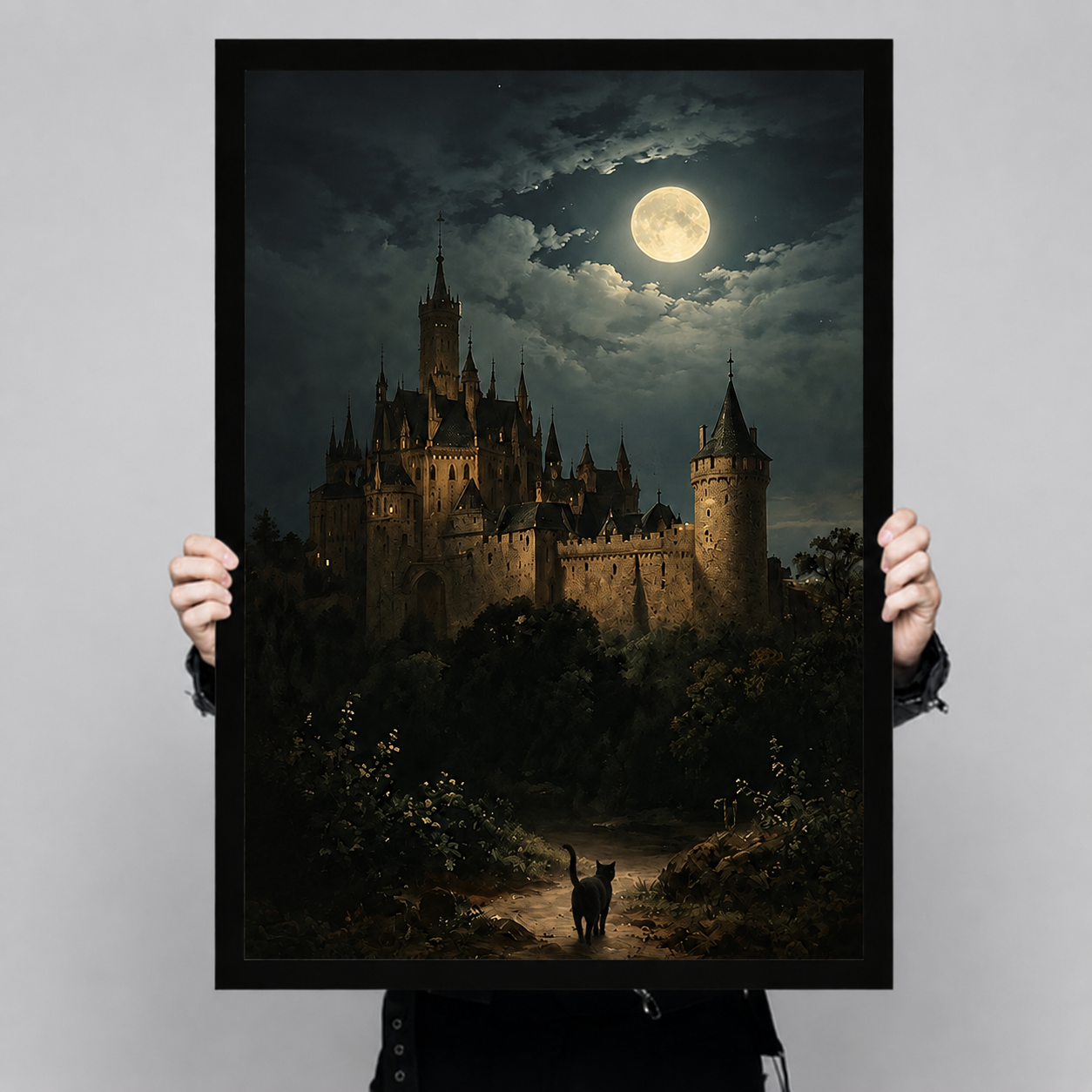 Hand-held framed poster of a dramatic gothic castle at night with a black cat walking toward the illuminated fortress under a glowing moon
