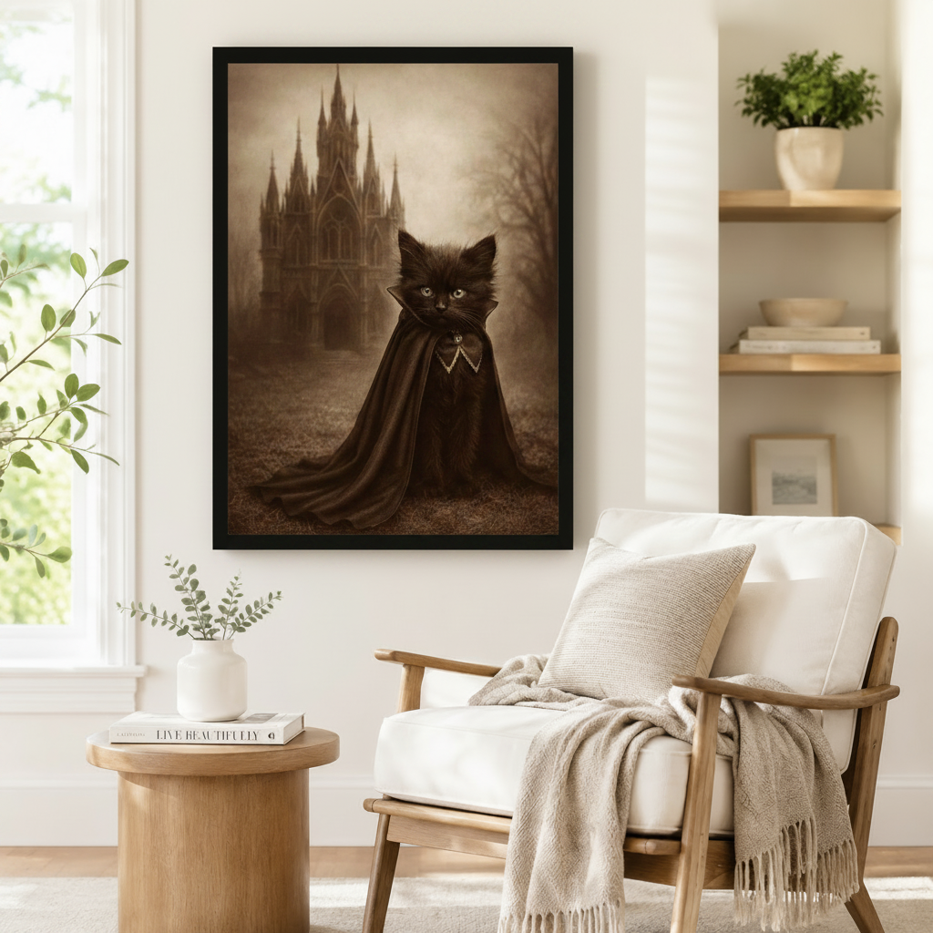 Mysterious black cat in dark cloak gothic cathedral framed print beside armchair — Halloween sepia canvas decor