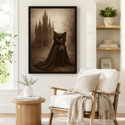 Mysterious black cat in dark cloak gothic cathedral framed print beside armchair — Halloween sepia canvas decor