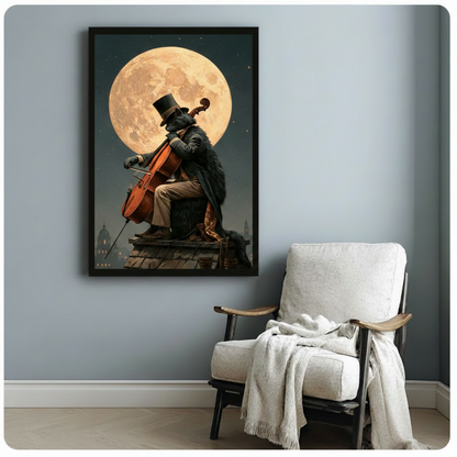 Elegant black cat musician with cello and top hat on a rooftop chimney framed art print, golden full moon backdrop, hung beside a linen accent chair on a blue-gray wall