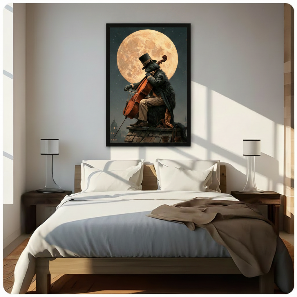 Gothic cat rooftop cellist moonlight wall art above a wooden bed with white linen bedding, flanked by minimalist table lamps in a sunlit neutral bedroom
