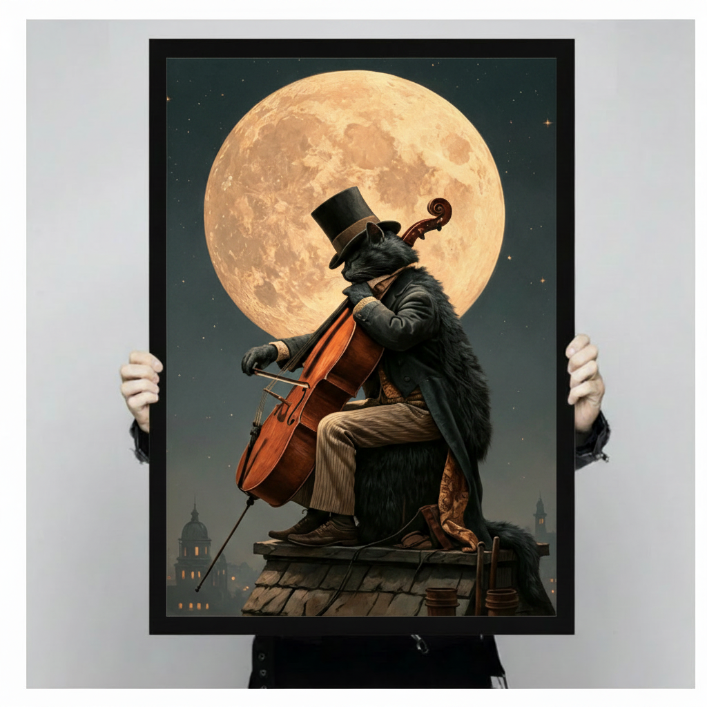 Victorian black cat playing cello under a glowing full moon framed poster print held up against a neutral gray background, showing rich dark fantasy detail and black frame finish