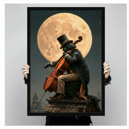 Victorian black cat playing cello under a glowing full moon framed poster print held up against a neutral gray background, showing rich dark fantasy detail and black frame finish
