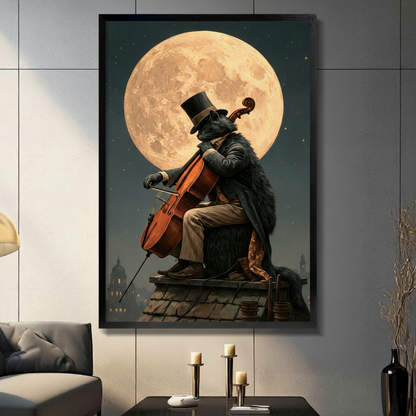 Gothic black cat in top hat playing cello on rooftop under full moon framed wall art print, dark fantasy style, displayed in a modern living room with candlestick decor