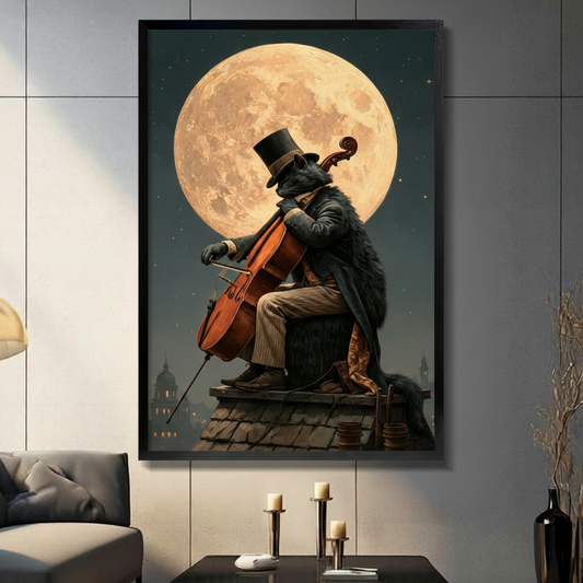 Gothic black cat in top hat playing cello on rooftop under full moon framed wall art print, dark fantasy style, displayed in a modern living room with candlestick decor