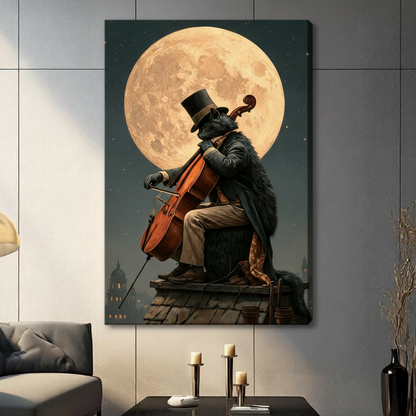 Mysterious black cat cellist in Victorian coat seated on moonlit rooftop canvas wall art, gallery wrap, dark atmospheric fantasy, contemporary living room setting