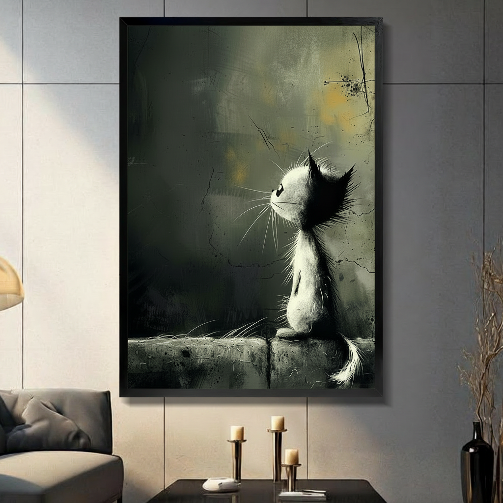 Moody gothic-style black and white cat sitting on stone ledge gazing upward, framed canvas wall art in black frame hung on grey tile wall in modern living room