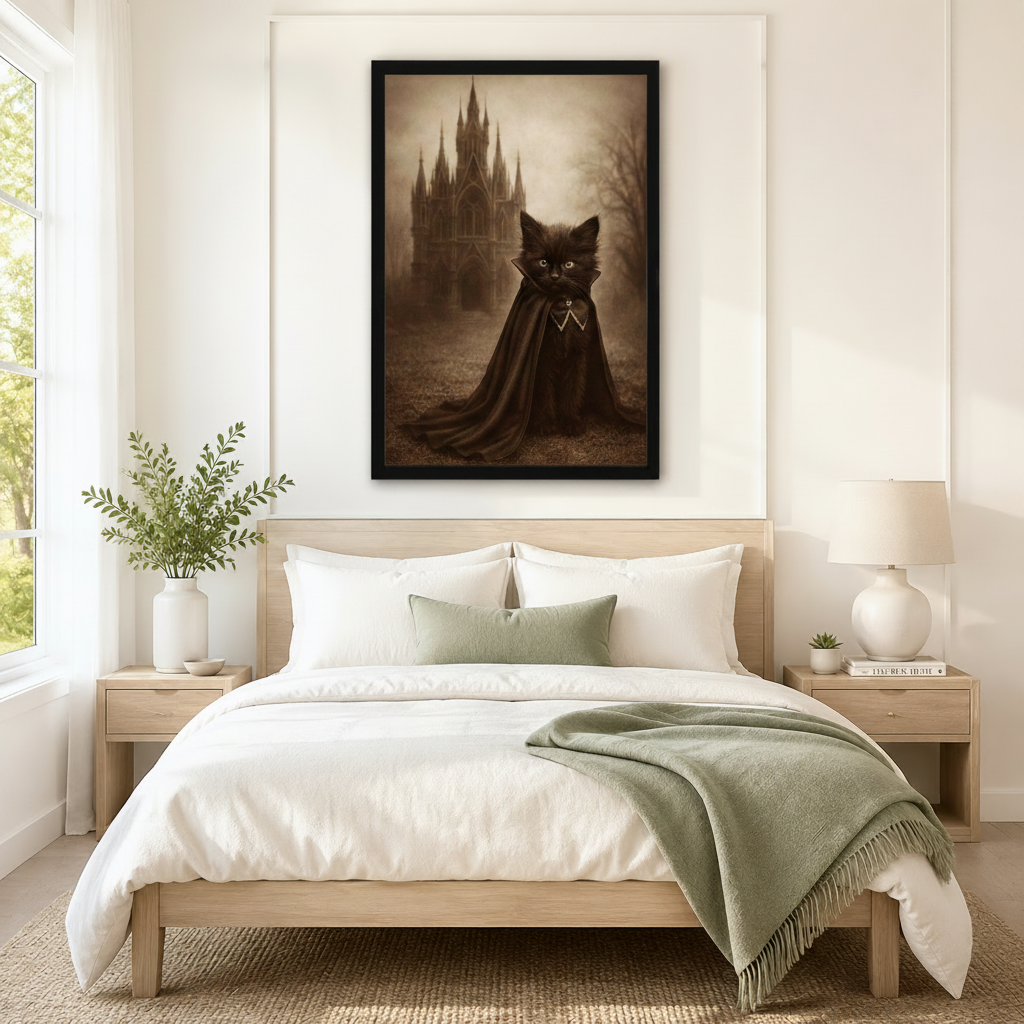 Gothic black kitten in vampire cloak sepia framed canvas above bed — dark moody bedroom wall art decor