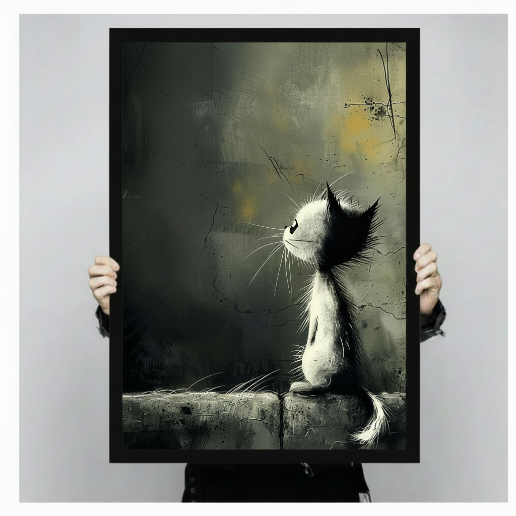 Framed canvas art print of dramatic black and white cat with long whiskers sitting on stone ledge against dark moody background, held up showing full artwork and black frame